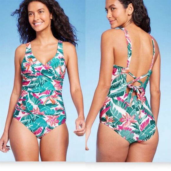 Kona Sol Full Coverage Tummy Control Tropical Print Wrap Swimsuit XL 16 - Picture 1 of 4